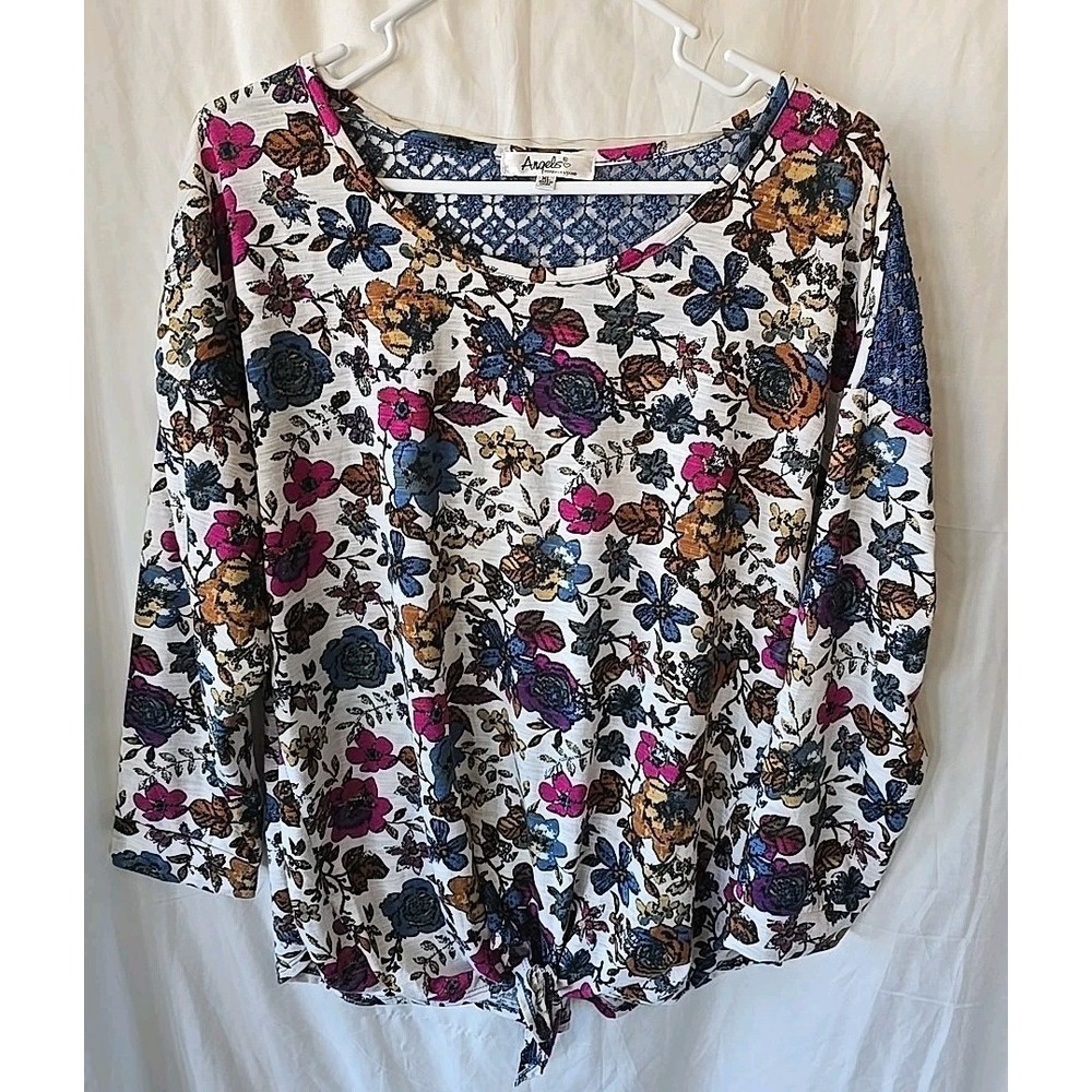 Angels Forever Young Floral‎ Shirt W/front Tie Crochet Upper Back Sz XL Boho